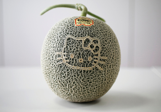 Hello Kitty face grown on a melon, which is produced in Hokkaido, is pictured at the Sanrio Co headquarters in Tokyo