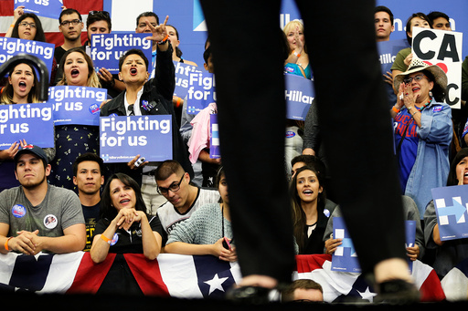 Supporters cheer for U.S. Democratic presidential candidate Hillary Clinton speaks at the University of California Riverside in Riverside