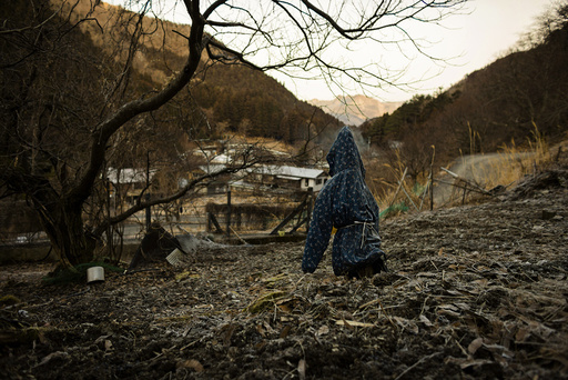 A scarecrow stands in a field overlooking the mountain village of Nagoro