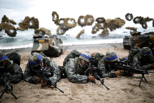 South Korean marines take part in a U.S.-South Korea joint landing operation drill as a part of the two countries' annual military training called Foal Eagle, in Pohang