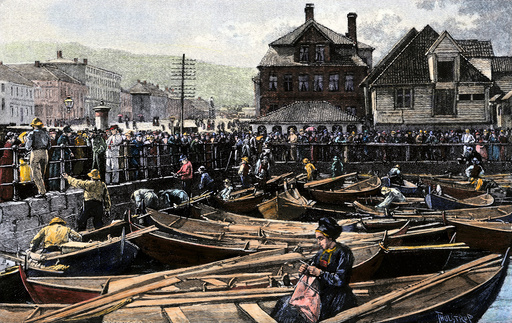Fish market at a Norwegian port, 1880s