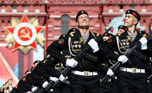Russian servicemen march during Victory Day parade to mark end of World War Two at Red Square in Moscow