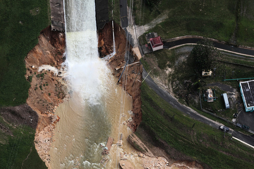 An aerial view shows the damage to the Guajataca dam in the aftermath of Hurricane Maria, in Quebradillas