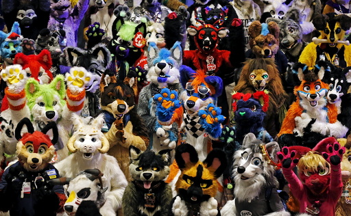 Attendees at the Midwest FurFest gather for a group photo in the Chicago suburb of Rosemont