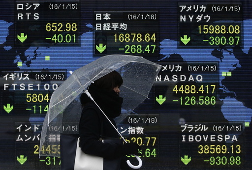 A pedestrian holding an umbrella walks past at an electronic board showing the stock market indices of various countries outside a brokerage in Tokyo