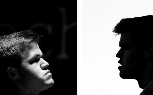 Billedmontasje av Magnus Carlsen dagen før det ellevte partiet i sjakk-VM.