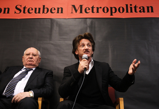 U.S. Actor Penn and Former Russian President Gorbachev speak with students at Frederick Von Steuben Metropolitan Science Center in Chicago