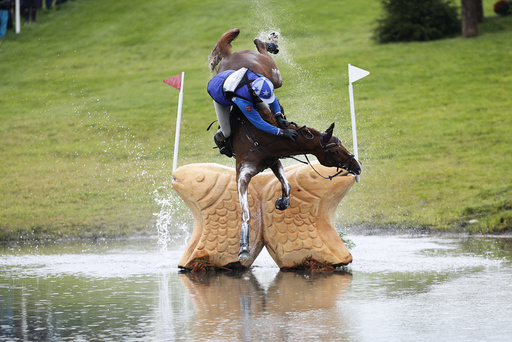 Russia's Mikhail Nastenko riding Reistag falls at the Lochan fence in the cross country event of FEI European Eventing Championship at Blair Castle ,Scotland