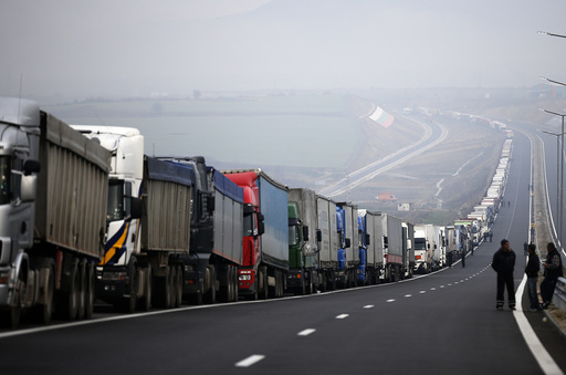 Trucks are seen on a highway near the Kulata border crossing between Bulgaria and Greece