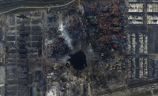 An aerial picture of the site of explosions at the Binhai new district, Tianjin