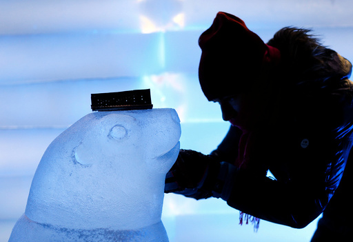A sculptor carves a sculpture depicting a seal at the Snow and Ice Sculpture Festival 