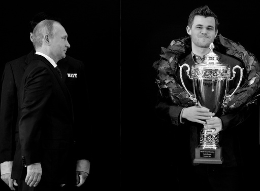 Russisk president Vladimir Putin på vei til å gratulerer Magnus Carlsen under medaljesermonien.