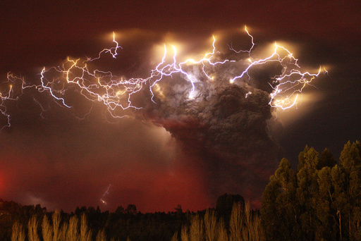 Lightning flashes around the ash plume above the Puyehue-Cordon Caulle volcano chain near Entrelagos