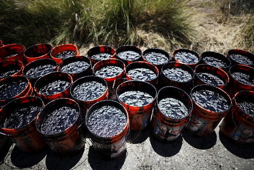Buckets of oil volunteers carried from an oil slick along the coast of Refugio State Beach are seen in Goleta