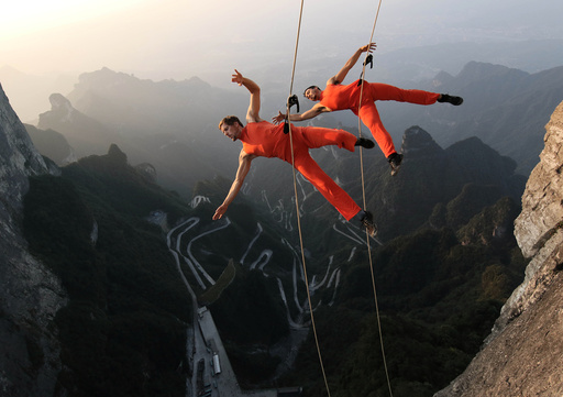 A dance group performs on the cliffs in Zhangjiajie