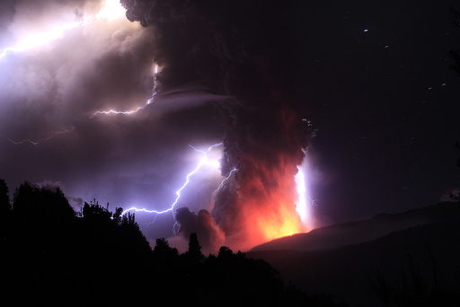 Lightning bolts strike around the Puyehue-Cordon Caulle volcanic chain near southern Osorno city