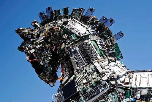 A close-up of the head of a Cyber Horse, made from thousands of infected computer and cell phone bits, is seen on display at the entrance to the annual Cyberweek conference at Tel Aviv University