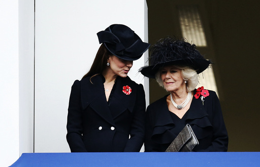 Britain's Catherine, Duchess of Cambridge, and Camilla, Duchess of Cornwall, attend the annual Remembrance Sunday ceremony at the Cenotaph in London