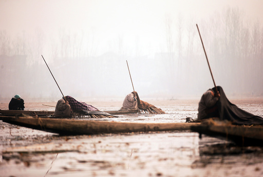 Kashmiri fishermen cover their heads and part of their boats with blankets and straw as they wait to catch fish in the waters of the Anchar Lake on a cold day in Srinagar