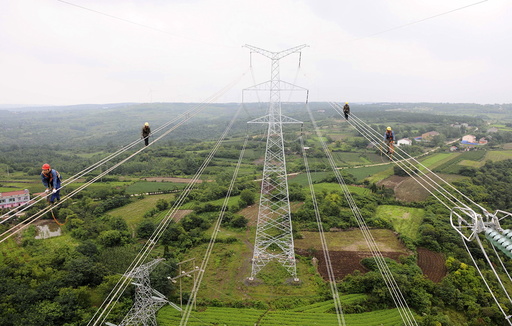 Workers walk along wires as they inspect the newly-built electricity pylons above crop fields in Chuzhou