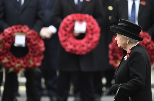 Britain's Queen Elizabeth rakes part in the Remembrance Sunday ceremony at the Cenotaph in Westminster, central London