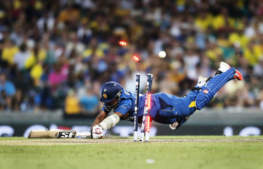 Sri Lanka's Jayawardene is run out during Cricket World Cup match against Australia in Sydney